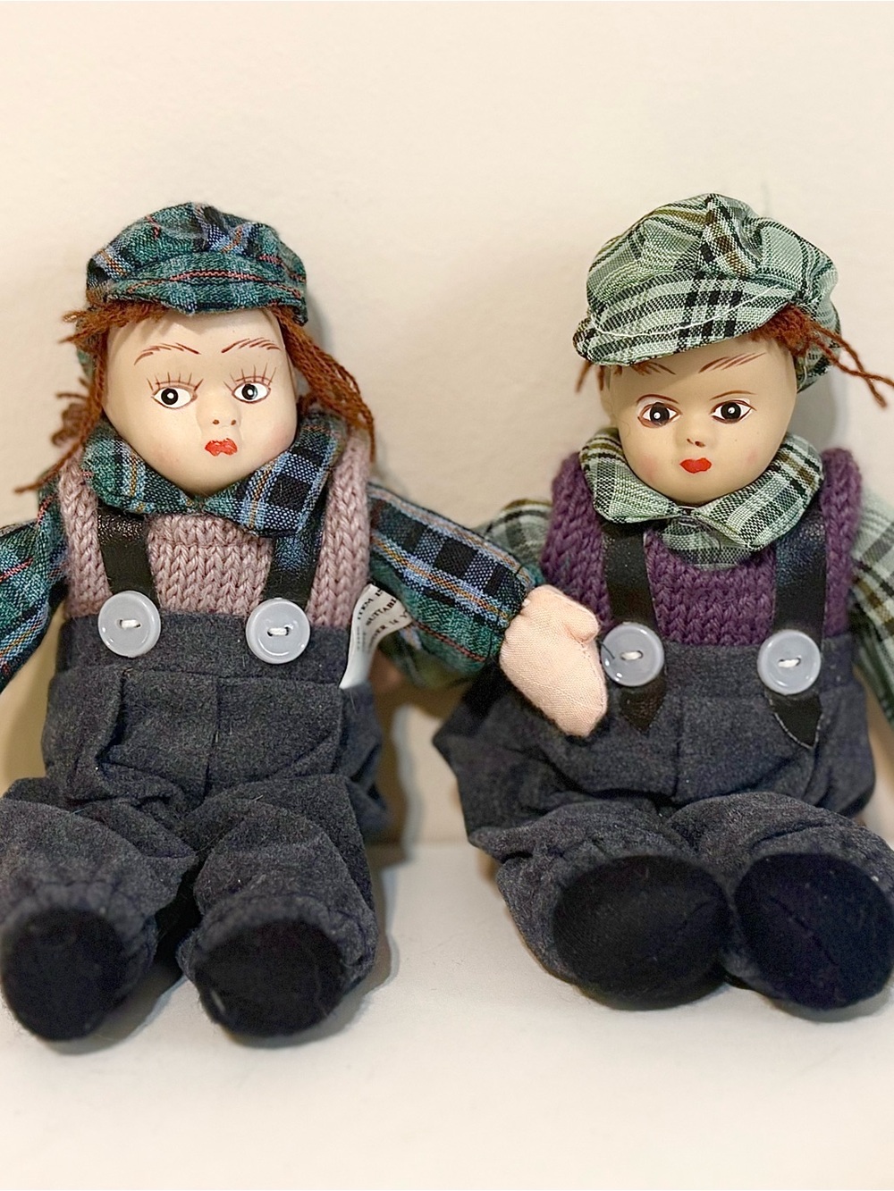 Classic Vintage Beanbag Plush Dutch Boy Porcelain Doll Set of 2 in Green Plaid